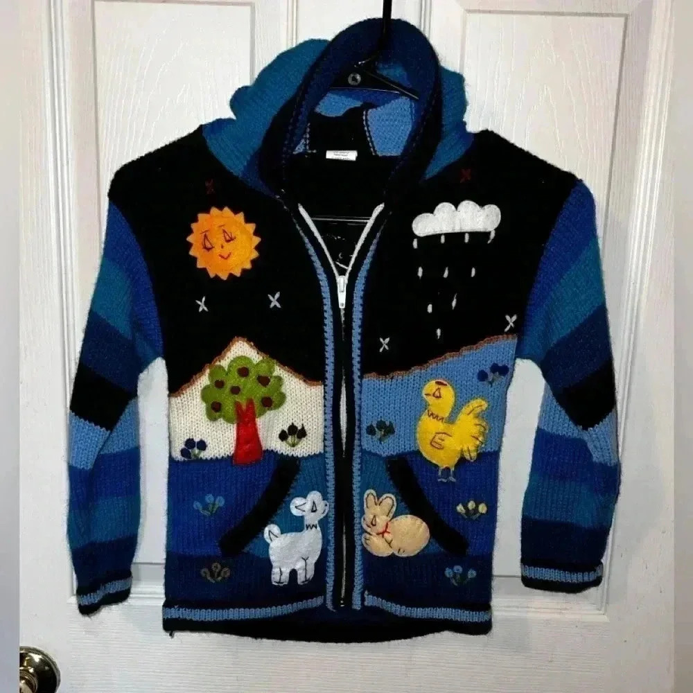 Peru Folk Art Apillera Unisex Zippered Hooded Sweater Blue Size 5 Missing Tag